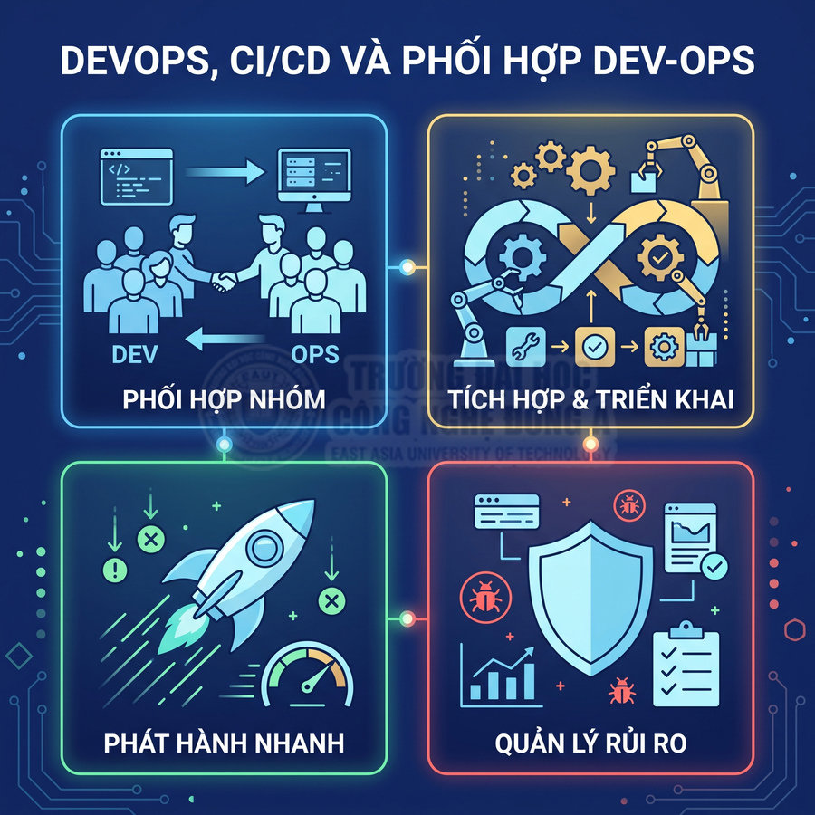 Minh họa quy trình DevOps CI CD với phối hợp nhóm, tích hợp triển khai, phát hành nhanh và quản lý rủi ro