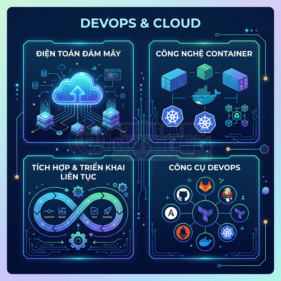 Minh họa DevOps và Cloud với điện toán đám mây, container Docker, CI CD và các công cụ GitHub, GitLab, Jenkins