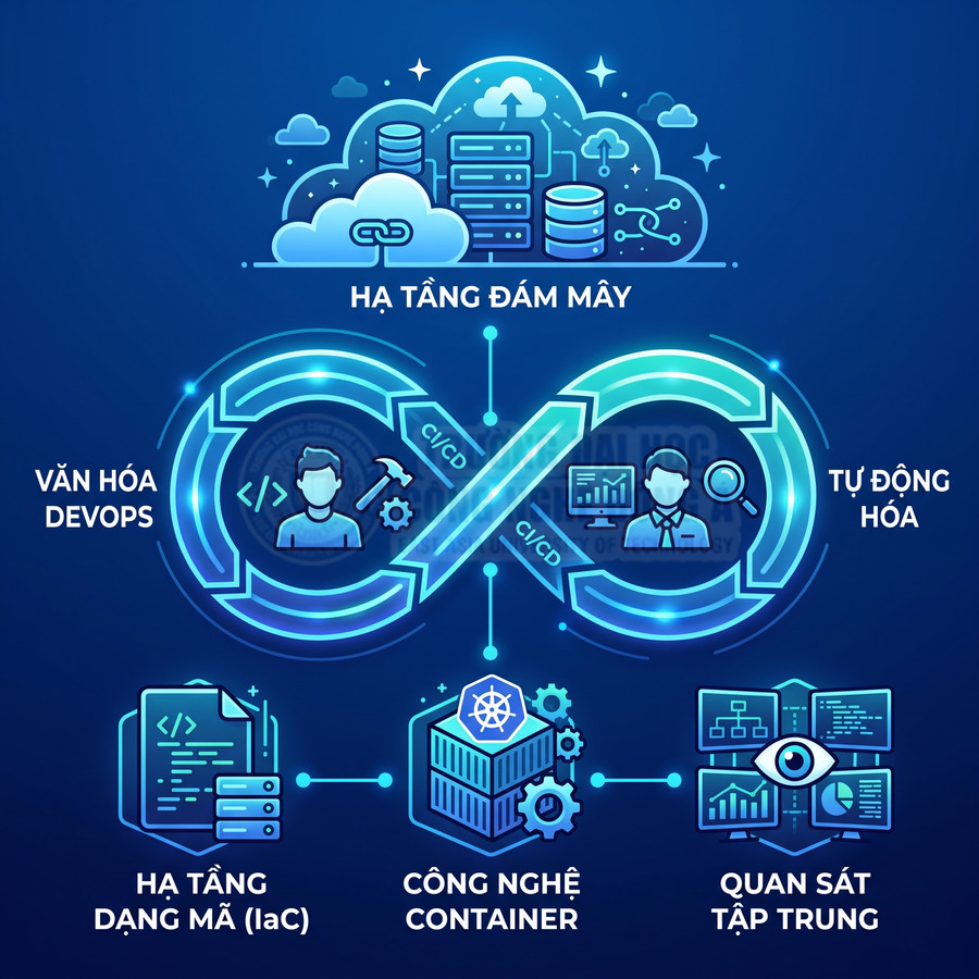 Mô hình DevOps với CI CD, hạ tầng đám mây, IaC, container và quan sát tập trung trên nền xanh