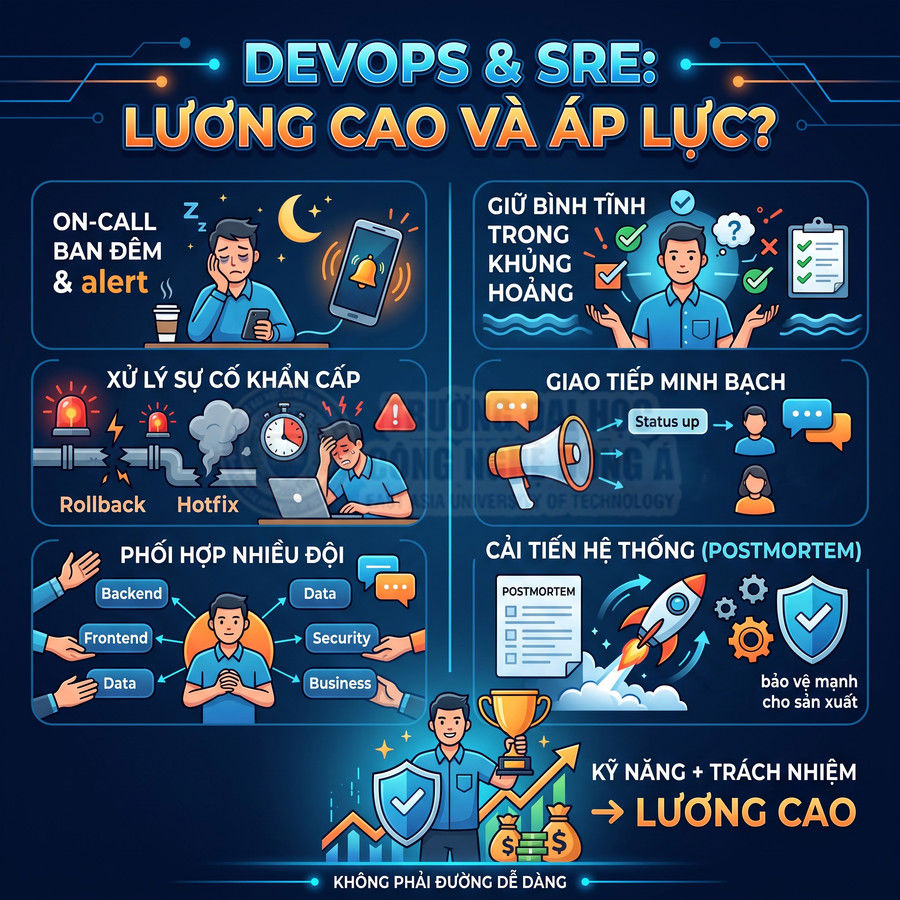 Minh họa công việc DevOps SRE với oncall ban đêm, xử lý sự cố khẩn cấp, phối hợp nhiều đội và áp lực đổi lại lương cao