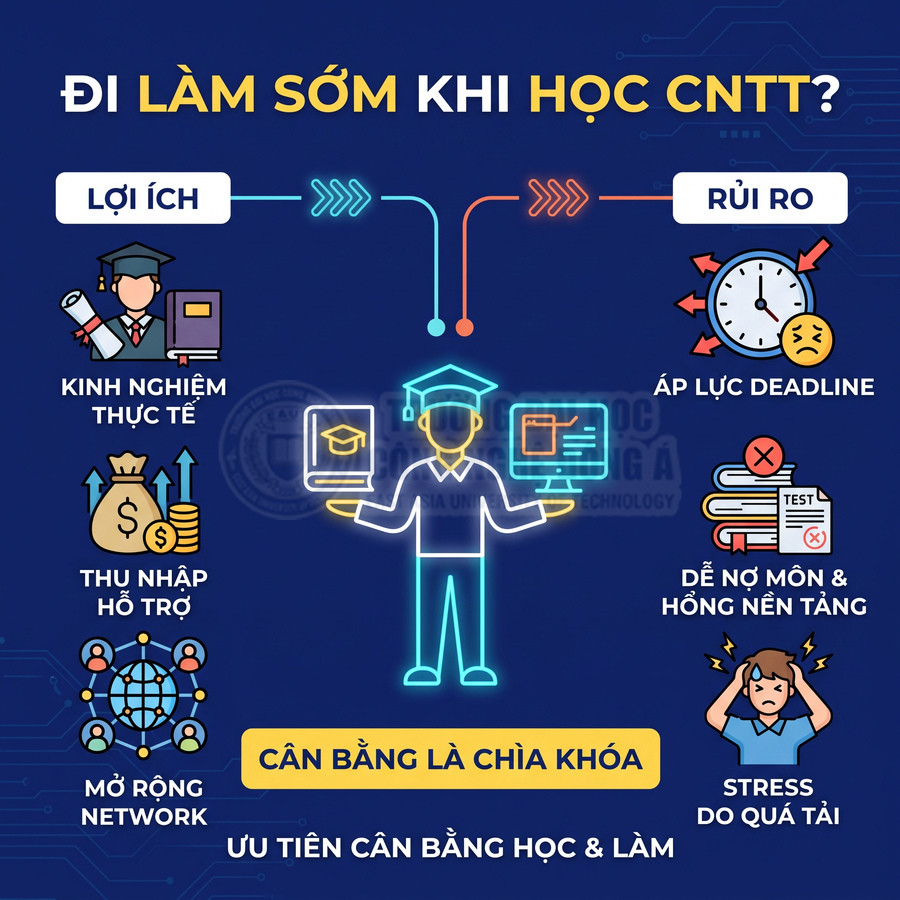 Infographic lợi ích và rủi ro khi đi làm sớm ngành công nghệ thông tin, nhấn mạnh cân bằng giữa học và làm