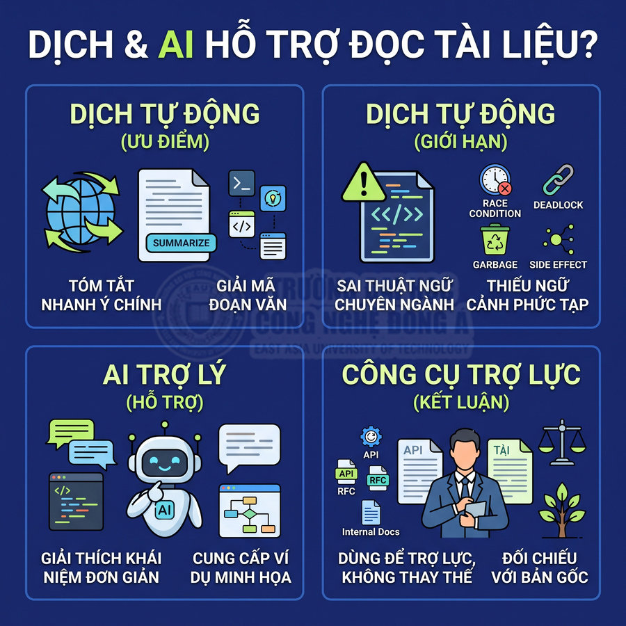 Infographic lợi ích và hạn chế của dịch tự động và AI trợ lý trong việc hỗ trợ đọc hiểu tài liệu