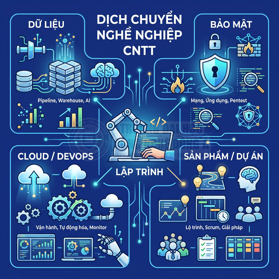 Infographic lộ trình dịch chuyển nghề nghiệp CNTT với các mảng dữ liệu, bảo mật, cloud DevOps, lập trình, sản phẩm dự án