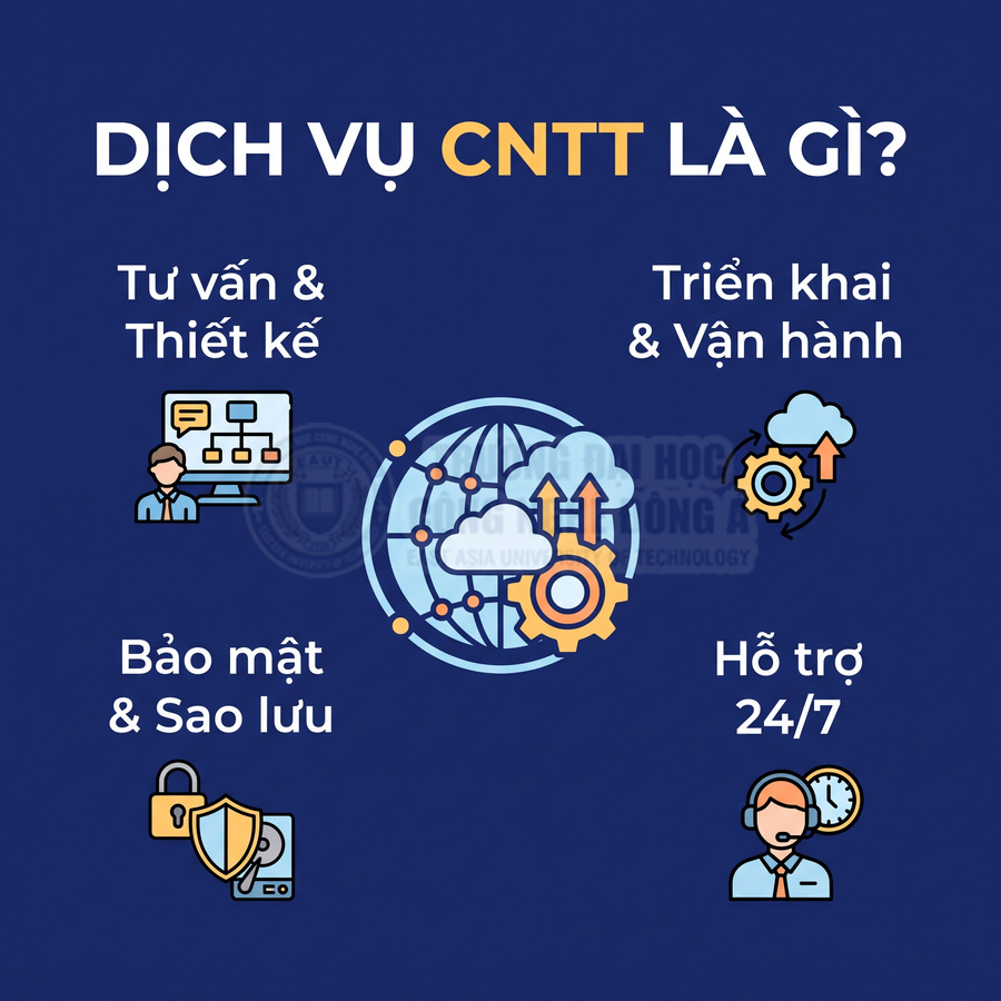 Dịch vụ CNTT gồm tư vấn thiết kế, triển khai vận hành, bảo mật sao lưu và hỗ trợ 24/7
