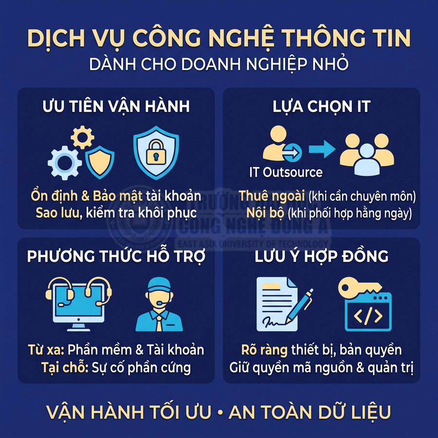 Dịch vụ công nghệ thông tin cho doanh nghiệp nhỏ, gồm vận hành, bảo mật, hỗ trợ IT và lưu ý hợp đồng