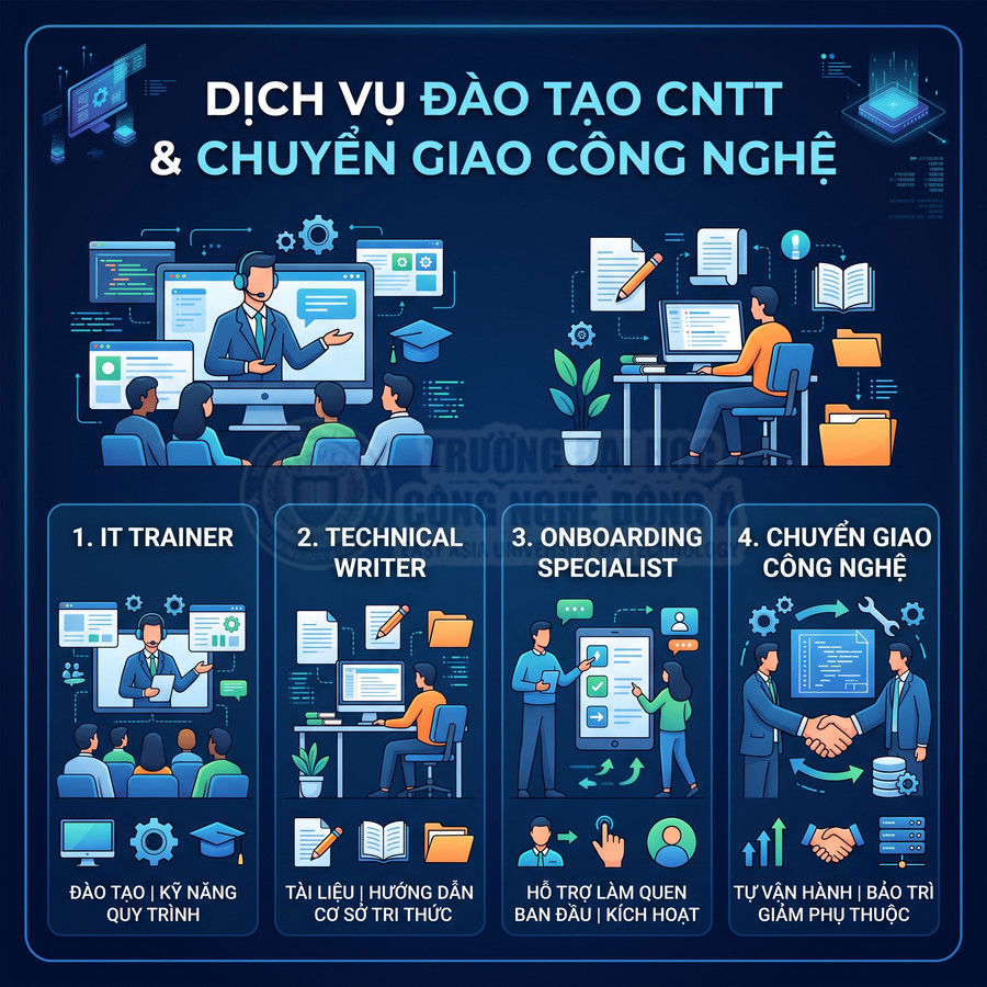 Dịch vụ đào tạo CNTT và chuyển giao công nghệ với các vai trò IT trainer, technical writer, onboarding specialist