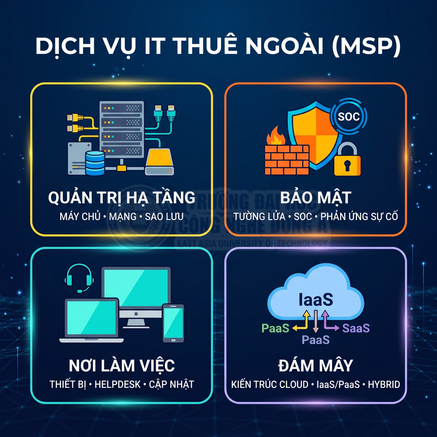 Banner giới thiệu dịch vụ IT thuê ngoài MSP gồm quản trị hạ tầng, bảo mật, nơi làm việc và giải pháp đám mây