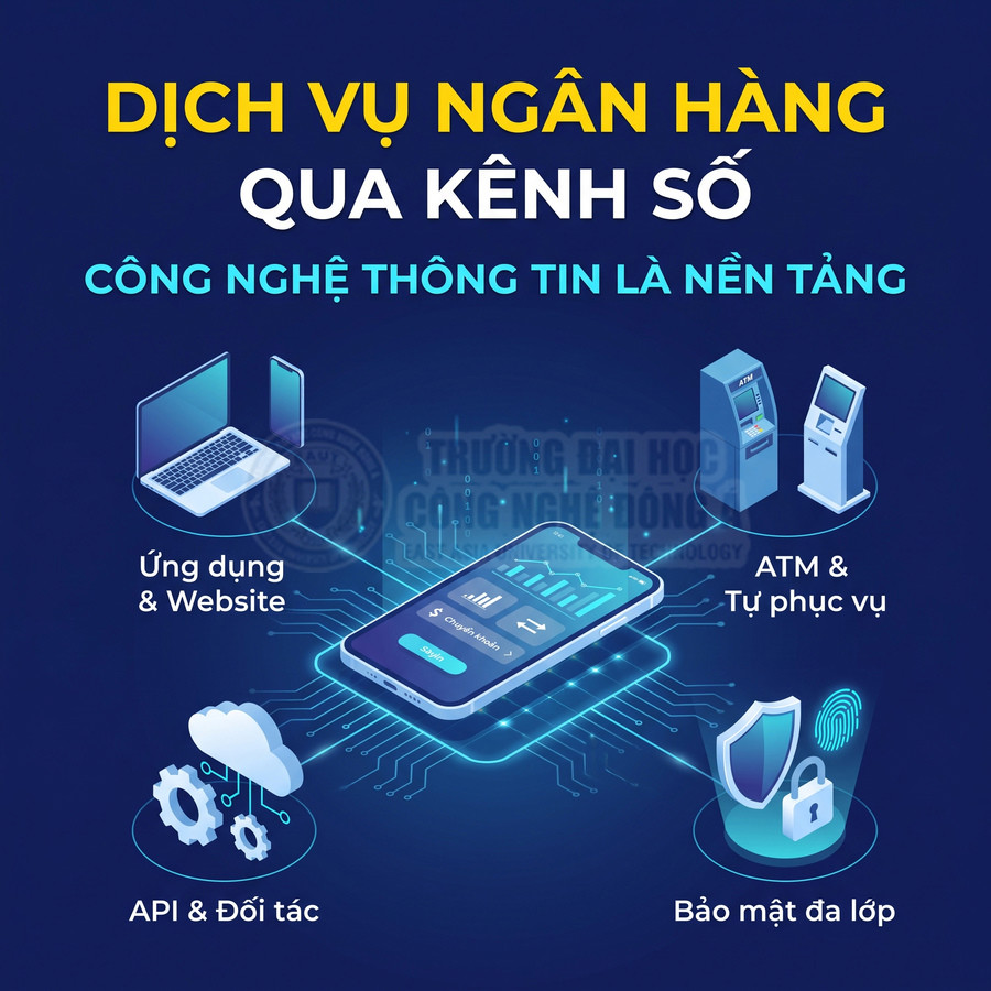 Dịch vụ ngân hàng số trên điện thoại, kết nối ứng dụng, website, ATM, API và bảo mật đa lớp