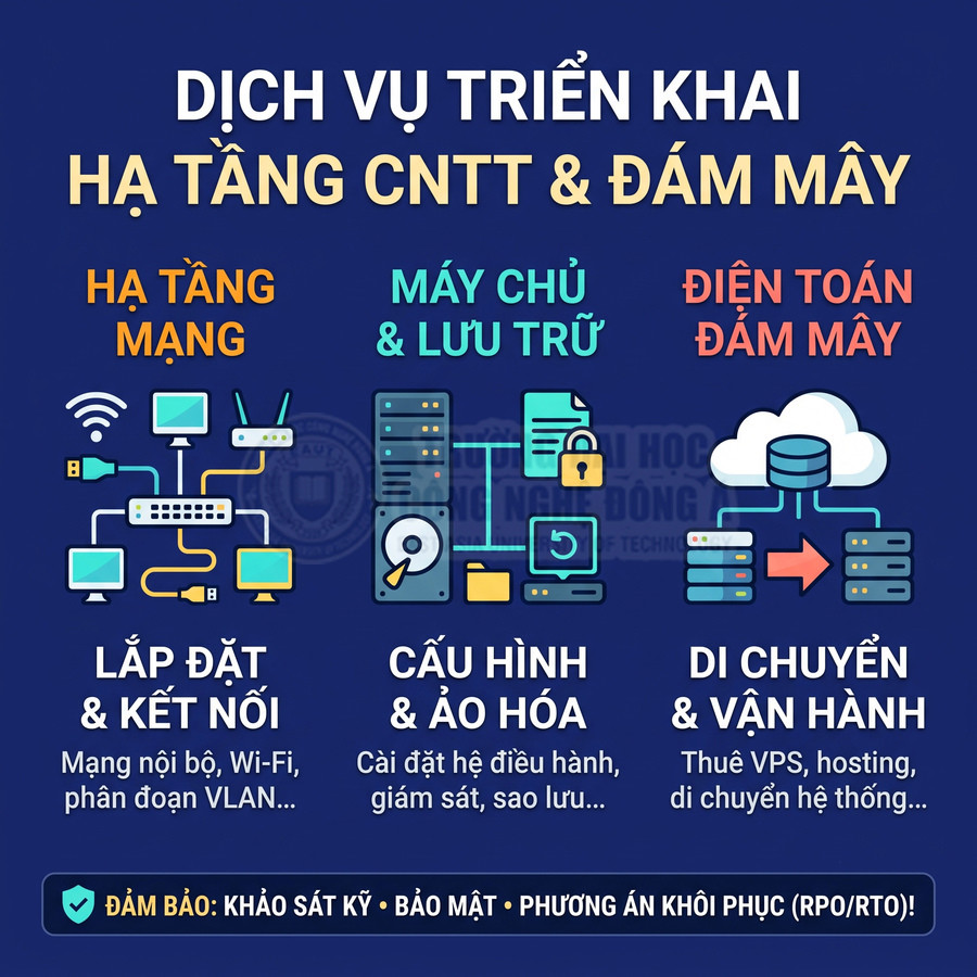 Dịch vụ triển khai hạ tầng CNTT và đám mây gồm lắp đặt mạng, cấu hình máy chủ, lưu trữ và vận hành cloud