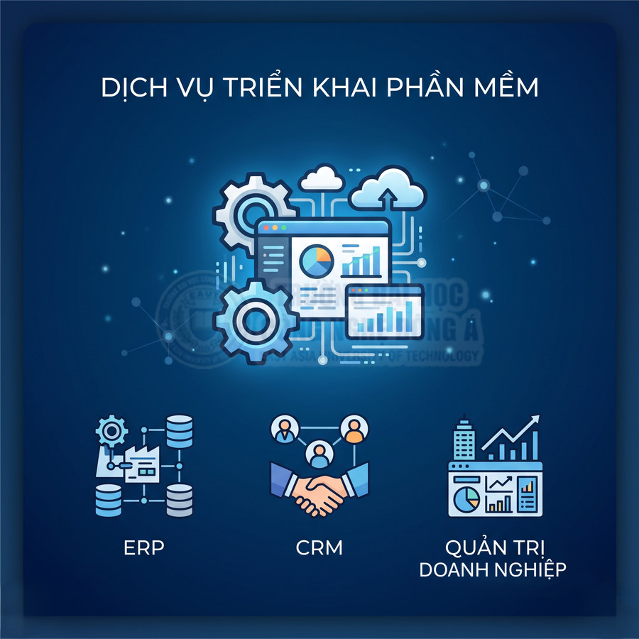 Dịch vụ triển khai phần mềm ERP CRM và giải pháp quản trị doanh nghiệp với biểu đồ và biểu tượng công nghệ