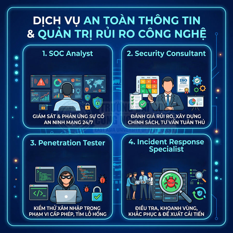 Dịch vụ an toàn thông tin và quản trị rủi ro công nghệ với SOC Analyst, Security Consultant, Penetration Tester, Incident Response