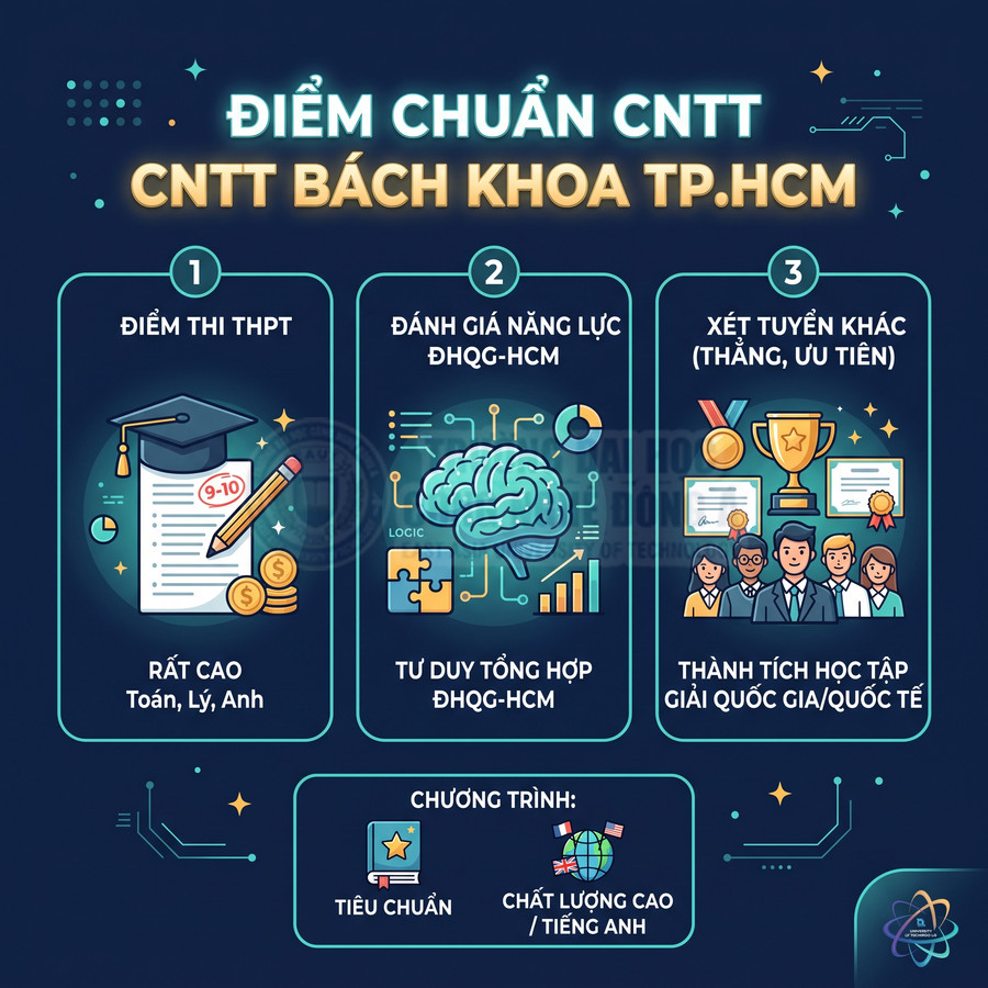 Infographic điểm chuẩn ngành CNTT Bách khoa TP.HCM với các phương thức xét tuyển và chương trình đào tạo