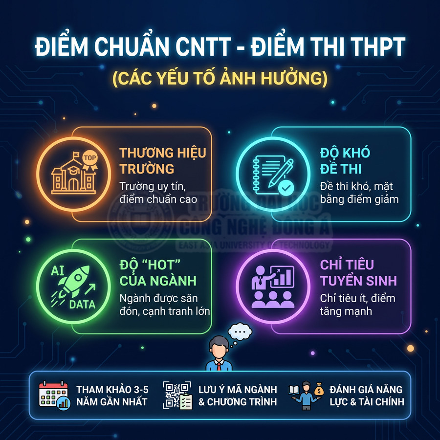 Infographic các yếu tố ảnh hưởng điểm chuẩn ngành CNTT và lưu ý chọn trường đại học