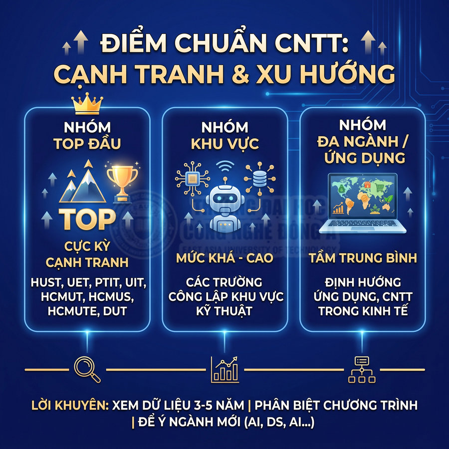 Infographic so sánh nhóm trường đại học ngành CNTT theo mức điểm chuẩn, độ cạnh tranh và xu hướng lựa chọn