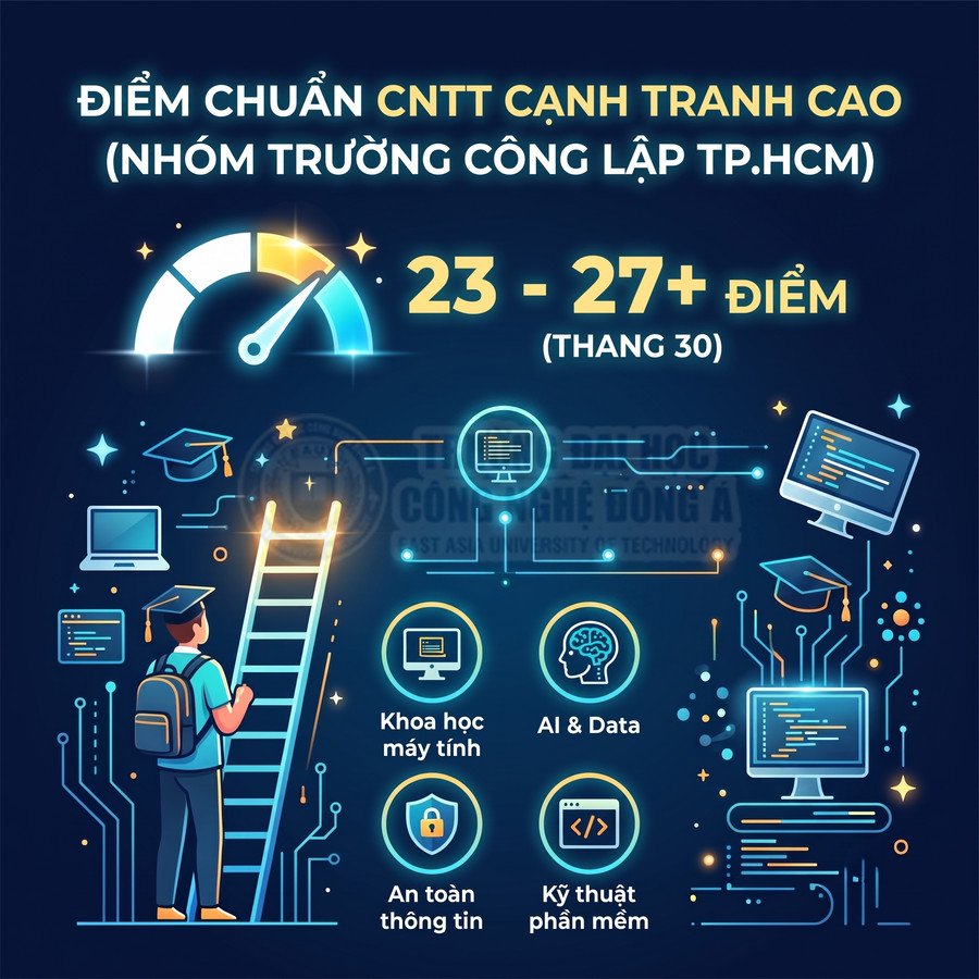 Infographic điểm chuẩn ngành CNTT 23 đến 27 điểm với các chuyên ngành AI, khoa học máy tính, an toàn thông tin, kỹ thuật phần mềm