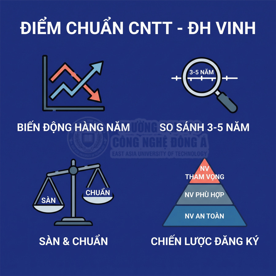Infographic điểm chuẩn ngành CNTT Đại học Vinh với biến động hàng năm và chiến lược đăng ký nguyện vọng