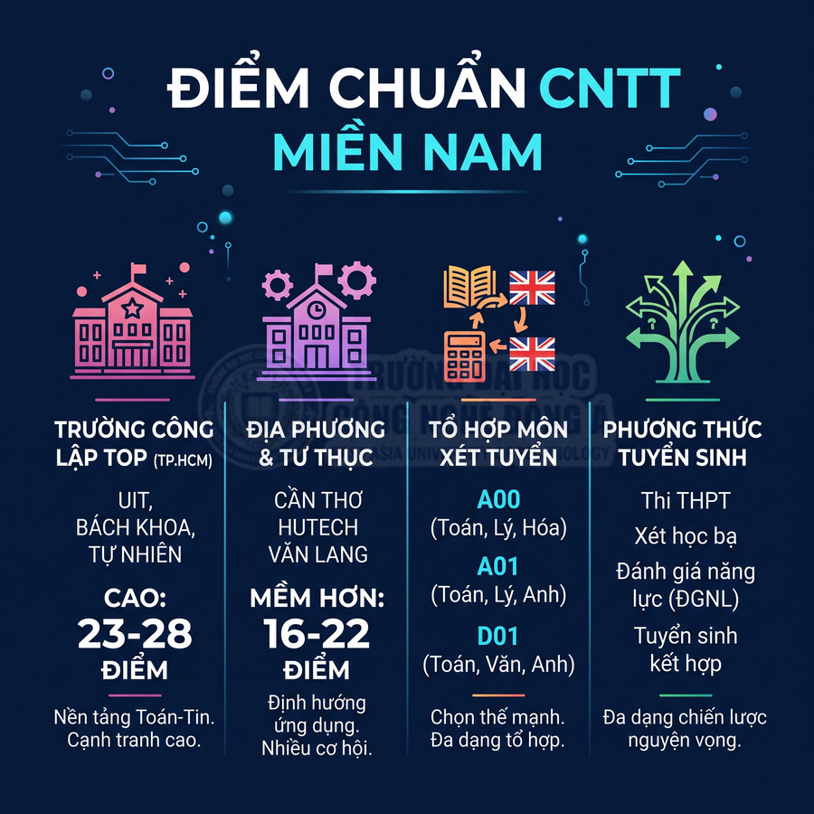 Infographic điểm chuẩn ngành CNTT miền Nam, so sánh trường top, địa phương, tổ hợp môn và phương thức tuyển sinh