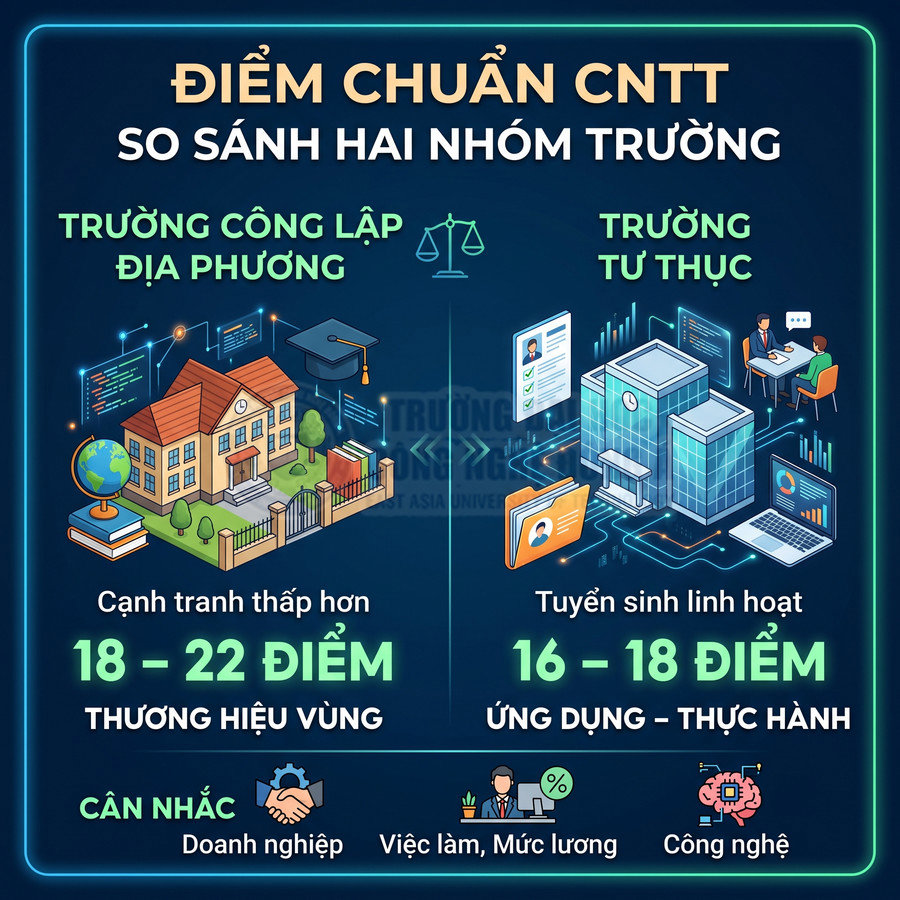Infographic so sánh điểm chuẩn ngành CNTT trường công lập địa phương và trường tư thục, kèm tiêu chí cân nhắc