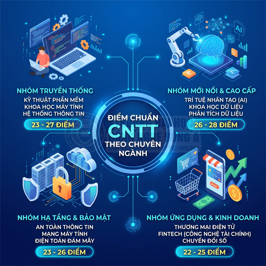Infographic điểm chuẩn các nhóm ngành công nghệ thông tin: truyền thống, mới nổi, hạ tầng bảo mật, ứng dụng kinh doanh