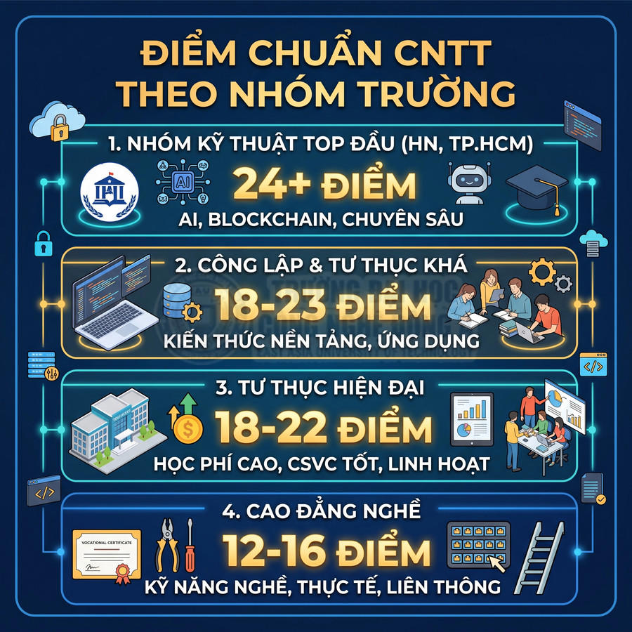 Infographic điểm chuẩn ngành CNTT theo nhóm trường từ top đầu đến cao đẳng nghề năm học mới