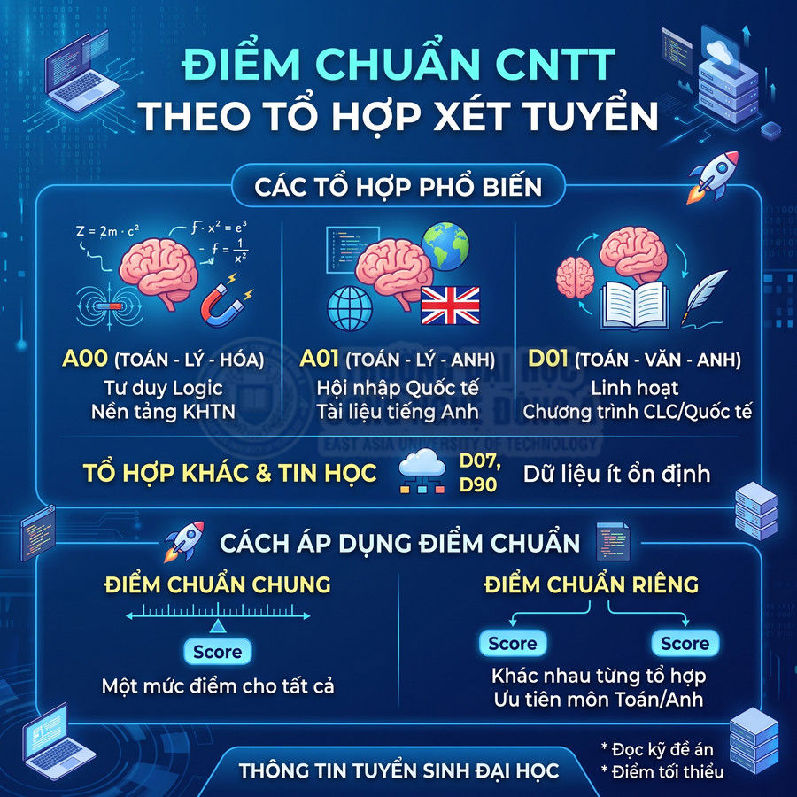 Infographic điểm chuẩn ngành CNTT theo các tổ hợp xét tuyển A00 A01 D01 và tổ hợp khác D07 D90