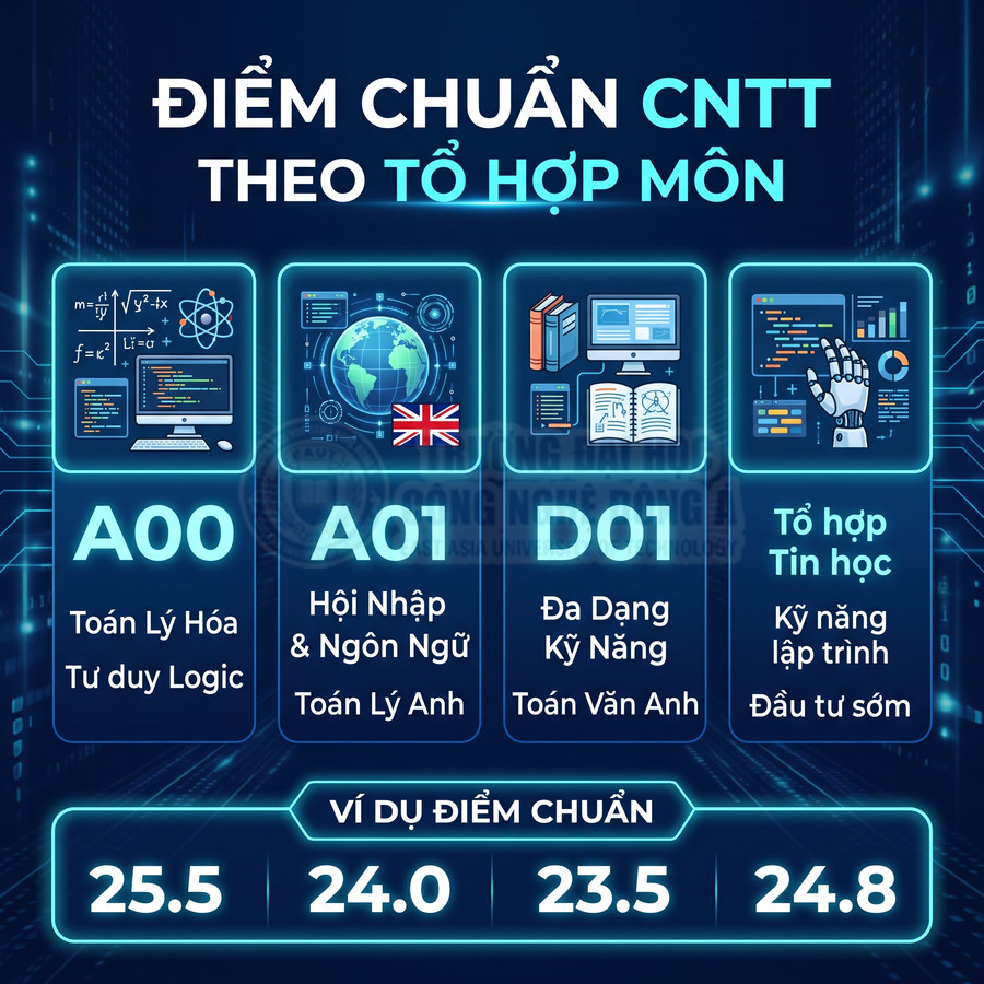 Infographic điểm chuẩn ngành CNTT theo các tổ hợp môn A00 A01 D01 và tổ hợp Tin học cùng ví dụ mức điểm chuẩn