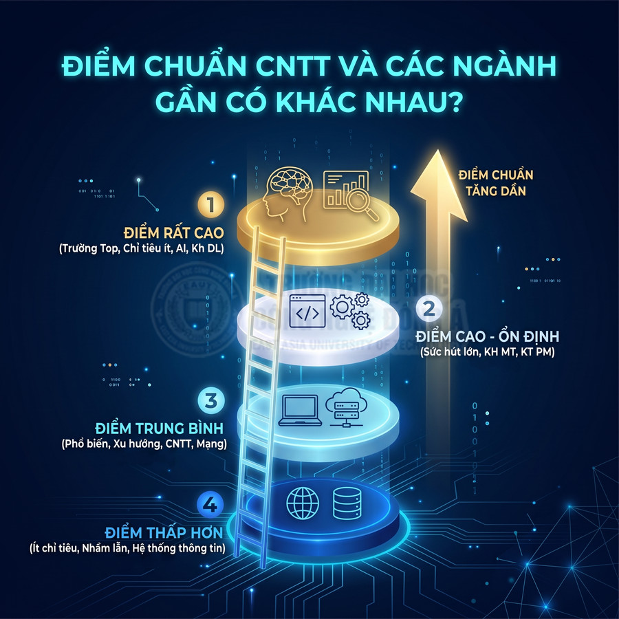 Minh họa thang điểm chuẩn ngành CNTT và các ngành gần, từ điểm thấp đến rất cao, kèm mô tả từng nhóm ngành