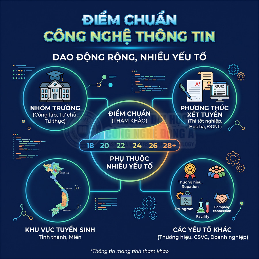 Infographic điểm chuẩn ngành Công nghệ thông tin, các yếu tố ảnh hưởng như nhóm trường, khu vực, phương thức xét tuyển