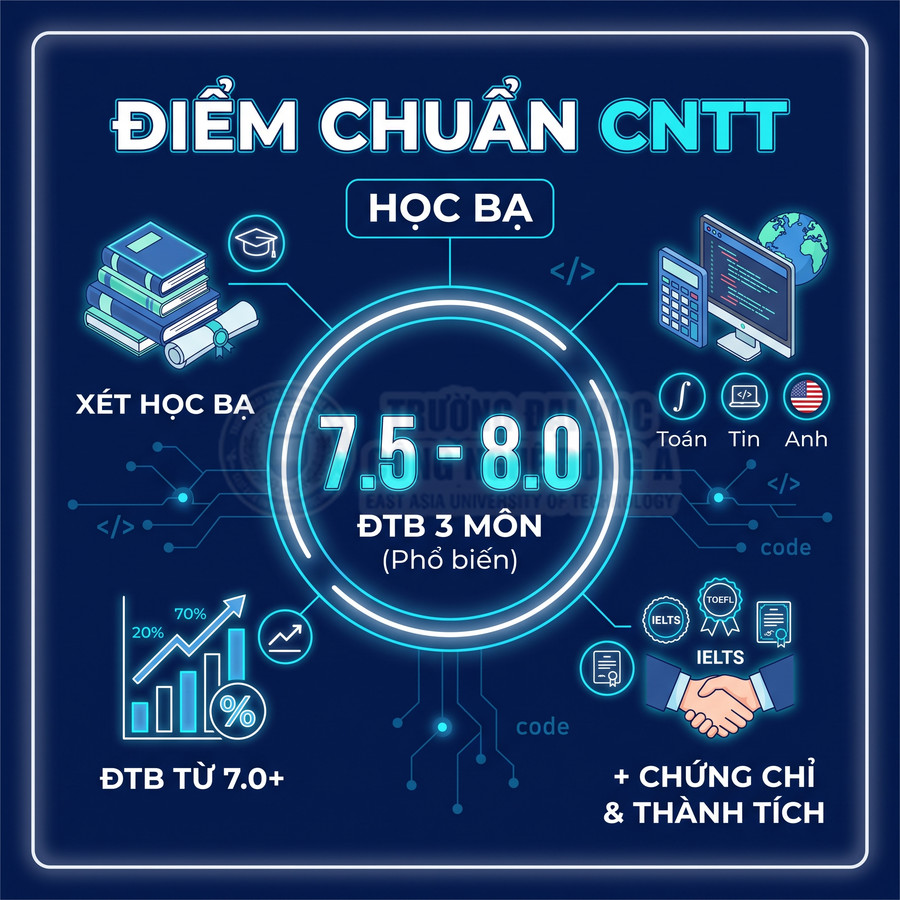 Infographic điểm chuẩn ngành CNTT xét học bạ, ĐTB 3 môn 7.5 đến 8.0, yêu cầu chứng chỉ và thành tích