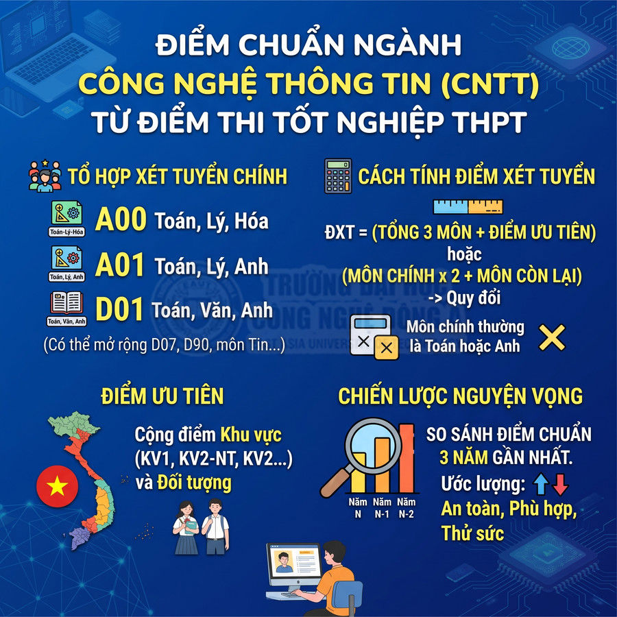 Thông tin điểm chuẩn ngành Công nghệ thông tin, tổ hợp xét tuyển A00 A01 D01 và cách tính điểm thi THPT