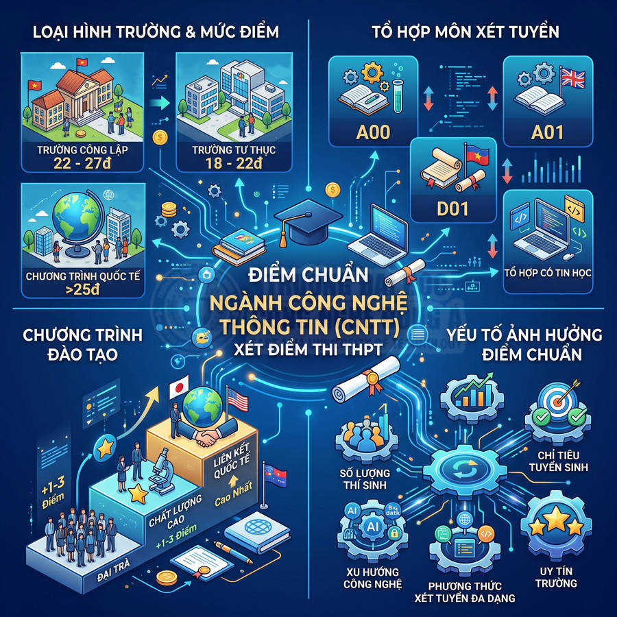 Infographic điểm chuẩn ngành công nghệ thông tin xét điểm thi THPT, loại hình trường, tổ hợp môn và các yếu tố ảnh hưởng