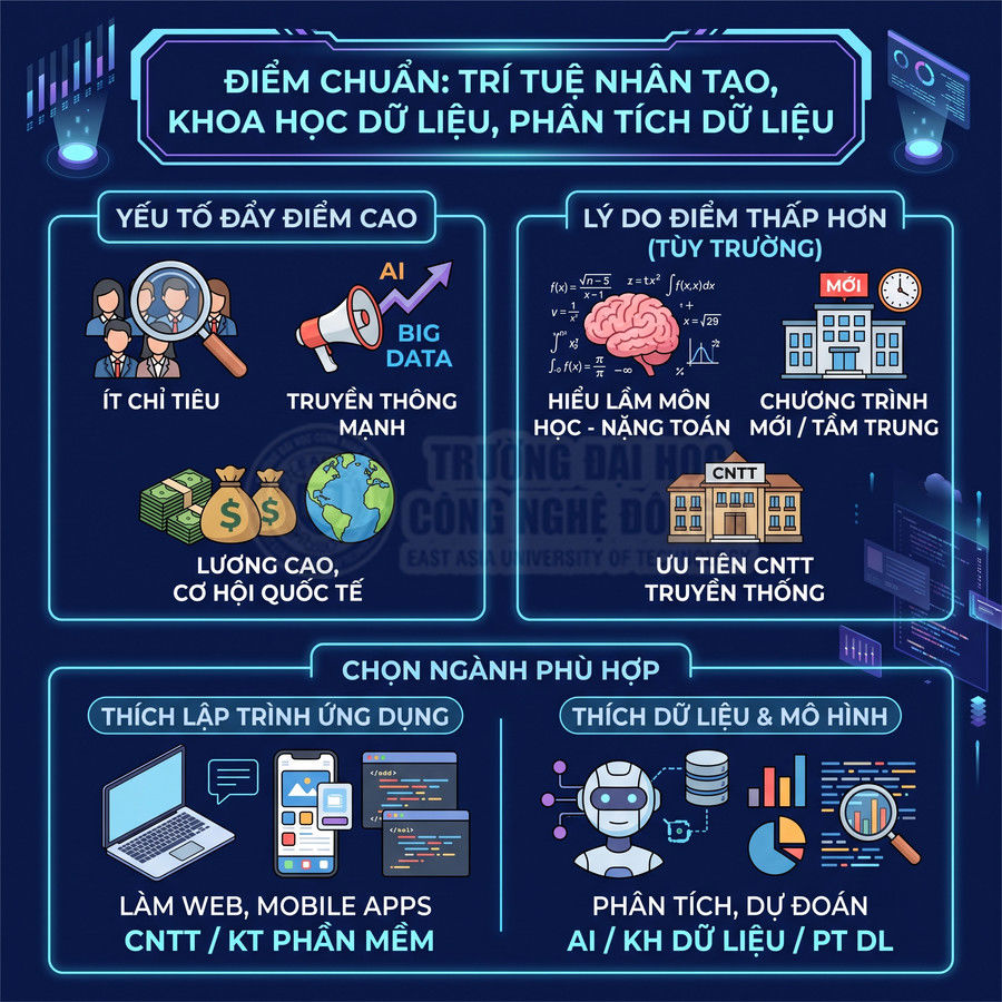 Infographic giới thiệu ngành trí tuệ nhân tạo, khoa học dữ liệu, phân tích dữ liệu và gợi ý chọn ngành học phù hợp
