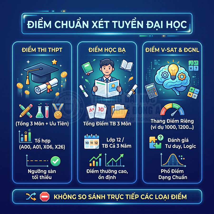Infographic so sánh các loại điểm xét tuyển đại học gồm điểm thi THPT, điểm học bạ và điểm V-SAT, đánh giá tư duy logic