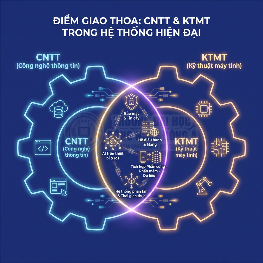 Sơ đồ so sánh và giao thoa giữa ngành Công nghệ thông tin và Kỹ thuật máy tính trong hệ thống hiện đại
