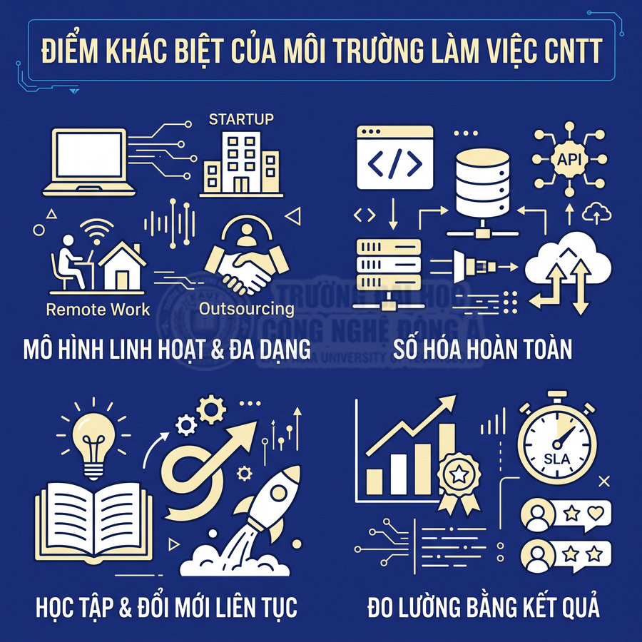 Infographic điểm khác biệt môi trường làm việc CNTT với mô hình linh hoạt, số hóa, học tập liên tục và đo lường theo kết quả
