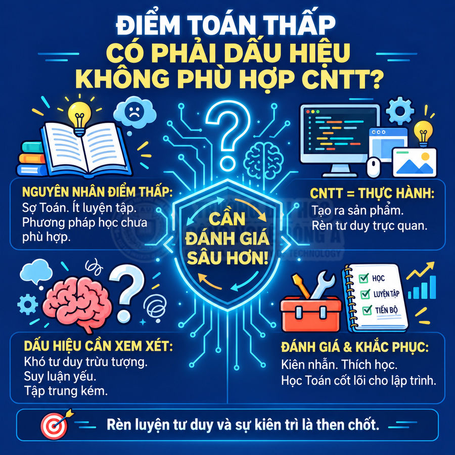 Infographic giải thích điểm Toán thấp có phải dấu hiệu không phù hợp ngành CNTT và cách rèn luyện tư duy, kiên trì