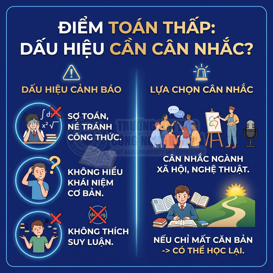 Infographic tiếng Việt về dấu hiệu điểm toán thấp và gợi ý chọn ngành xã hội, nghệ thuật cho học sinh