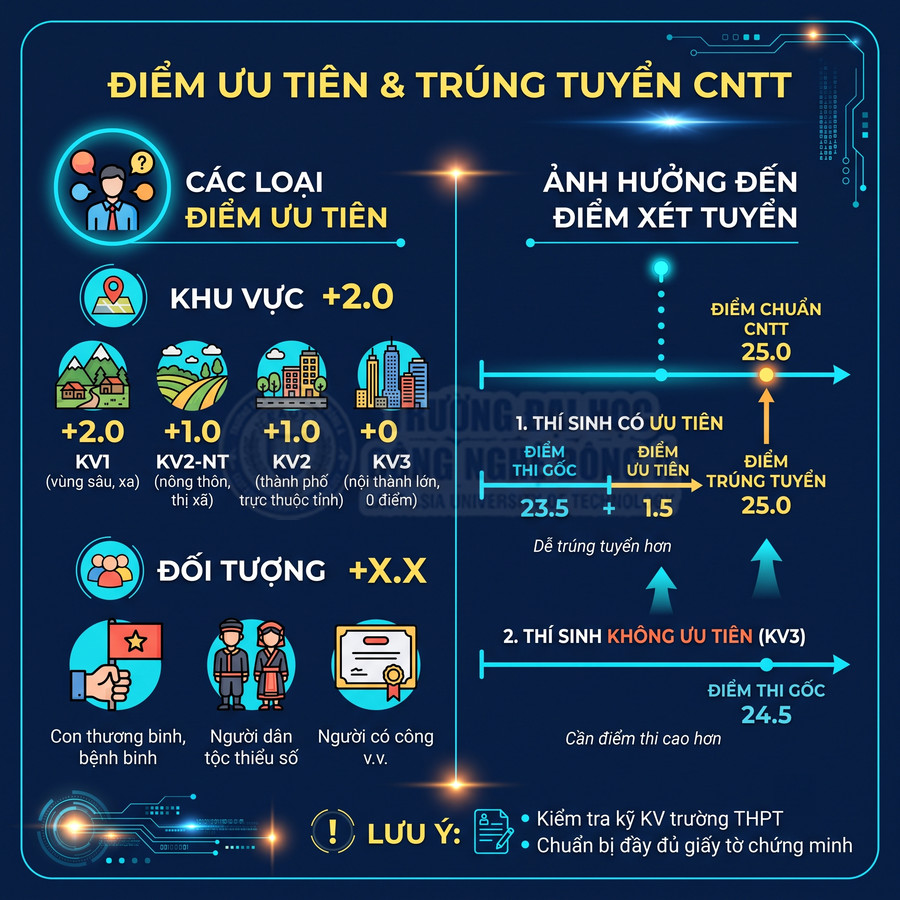 Infographic điểm ưu tiên khu vực, đối tượng và cách cộng điểm xét tuyển ngành CNTT cho thí sinh