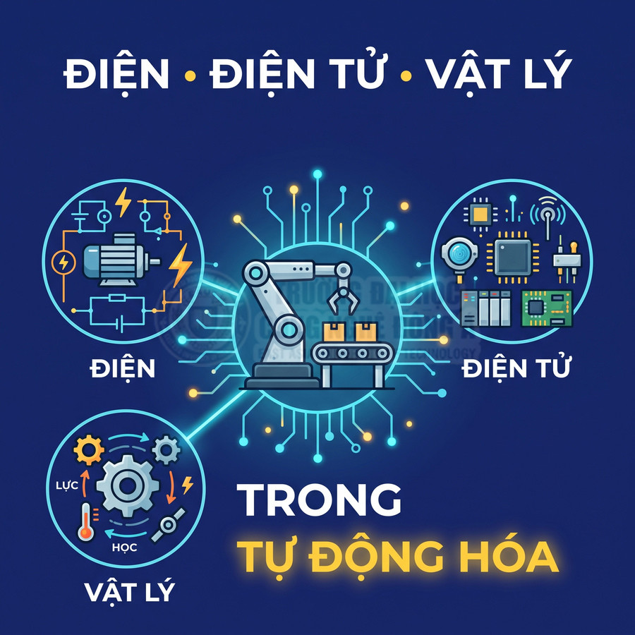 Minh họa robot công nghiệp kết hợp điện, điện tử và vật lý trong tự động hóa