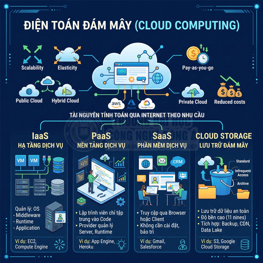 Infographic điện toán đám mây minh họa IaaS PaaS SaaS và cloud storage với ví dụ AWS Azure Google Cloud