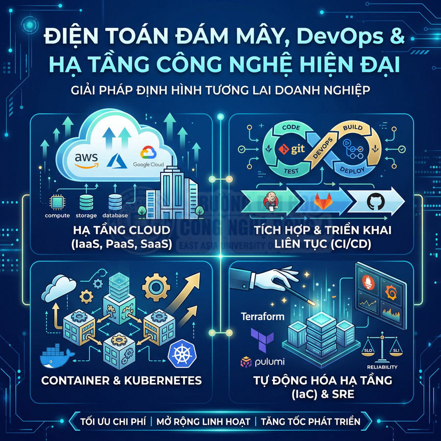 Mô hình giải pháp điện toán đám mây AWS Google Cloud DevOps CI CD container Kubernetes IaC SRE cho doanh nghiệp