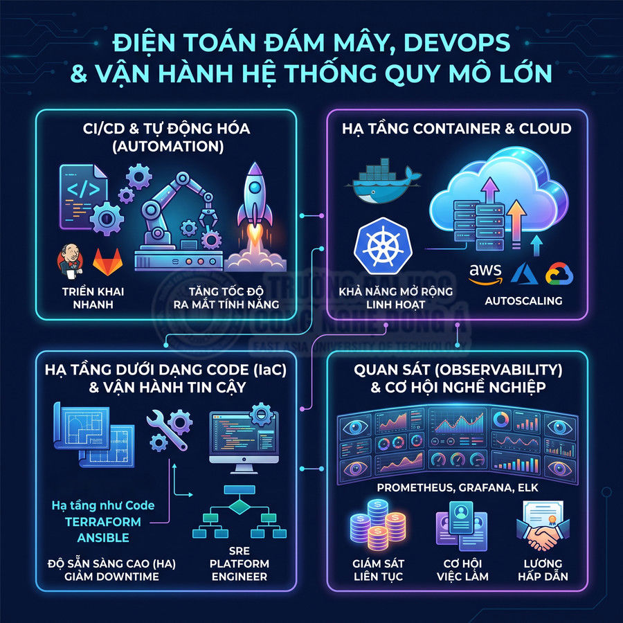 Infographic về điện toán đám mây, DevOps, CI/CD, container, IaC và quan sát hệ thống quy mô lớn