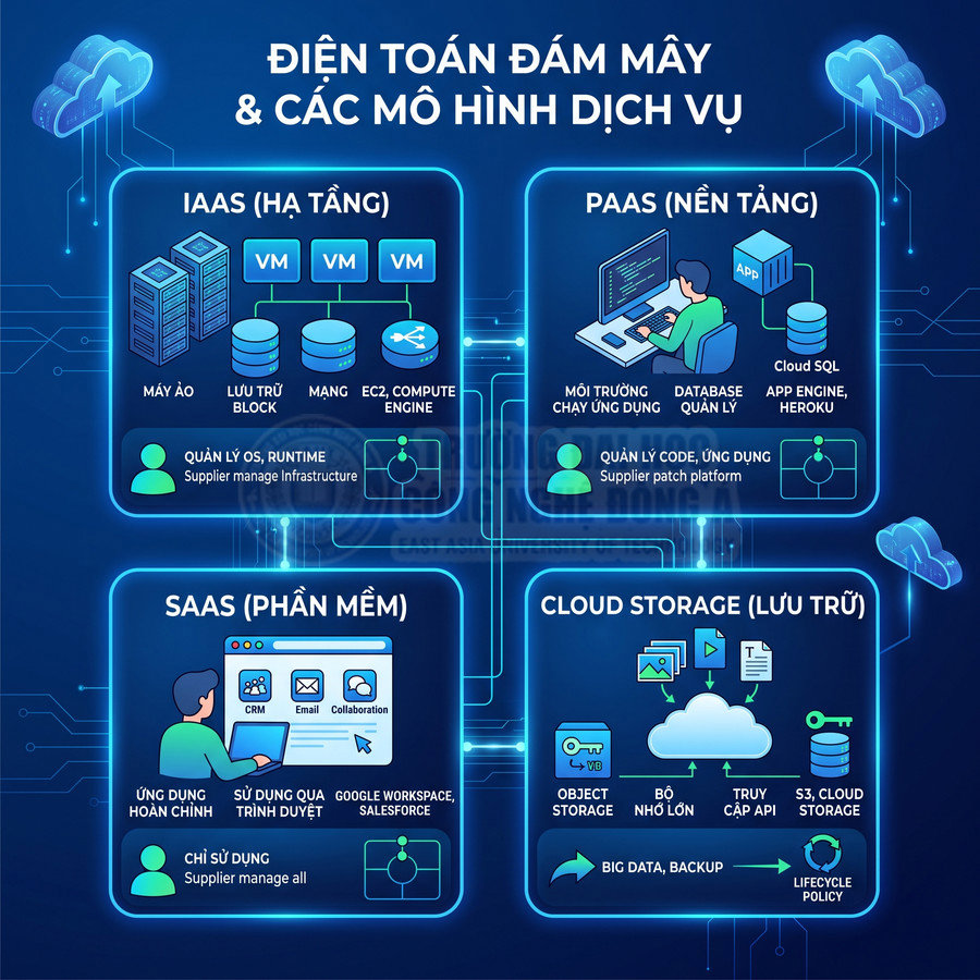 Mô hình dịch vụ điện toán đám mây minh họa IAAS PAAS SAAS và Cloud Storage cùng các thành phần chính