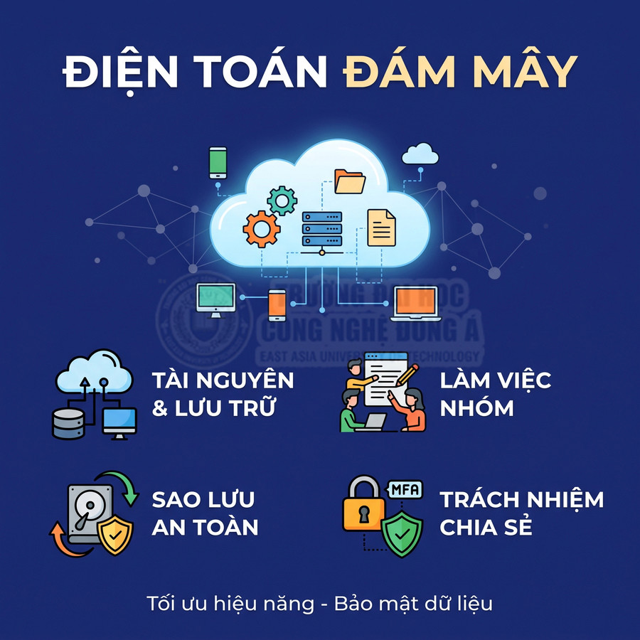 Minh họa điện toán đám mây kết nối thiết bị, hỗ trợ lưu trữ, làm việc nhóm, sao lưu an toàn và bảo mật dữ liệu