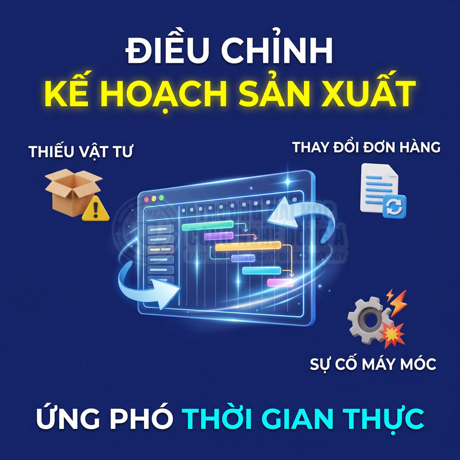 Màn hình lập kế hoạch sản xuất với biểu đồ tiến độ, hỗ trợ điều chỉnh khi thiếu vật tư, đổi đơn hàng hoặc máy móc gặp sự cố