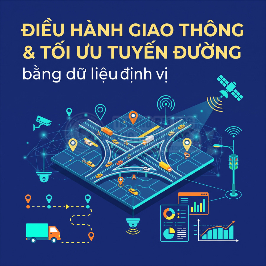 Minh họa hệ thống điều hành giao thông và tối ưu tuyến đường bằng dữ liệu định vị, bản đồ số và phân tích lưu lượng xe