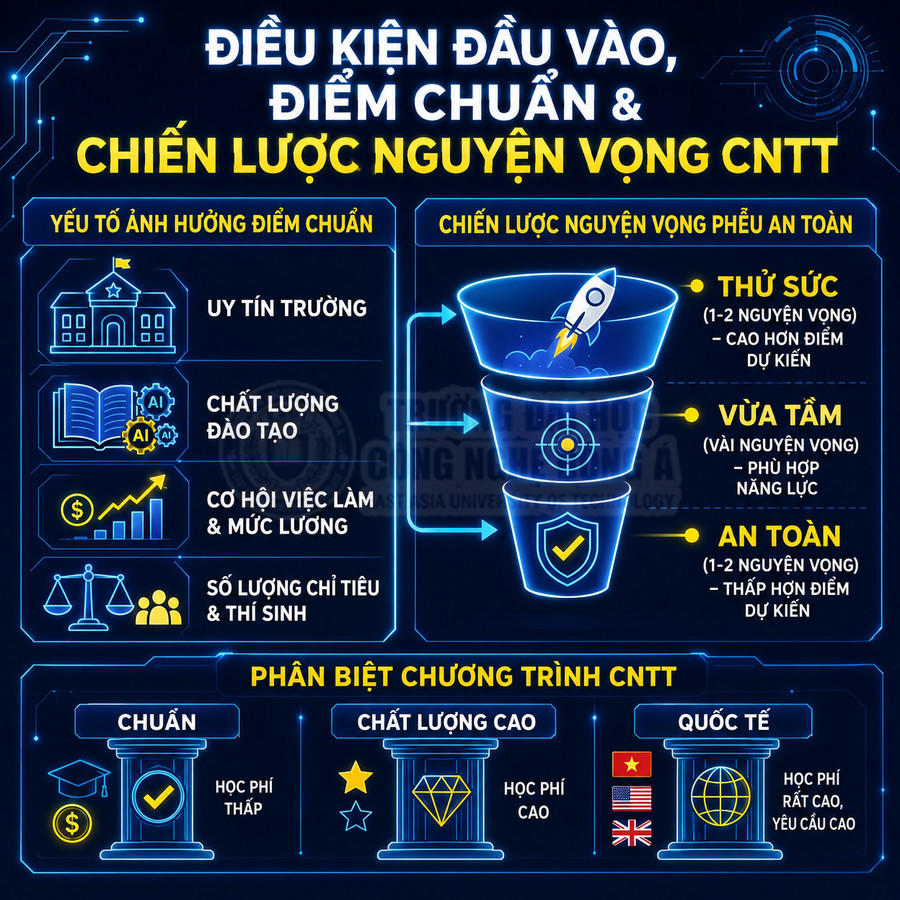 Infographic điều kiện đầu vào, điểm chuẩn và chiến lược chọn nguyện vọng ngành công nghệ thông tin