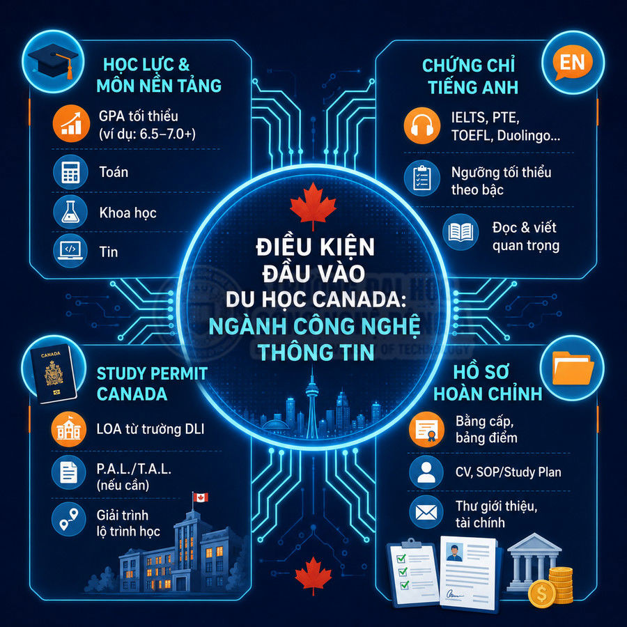 Điều kiện đầu vào du học Canada ngành công nghệ thông tin với yêu cầu học lực, tiếng Anh, study permit và hồ sơ cần thiết