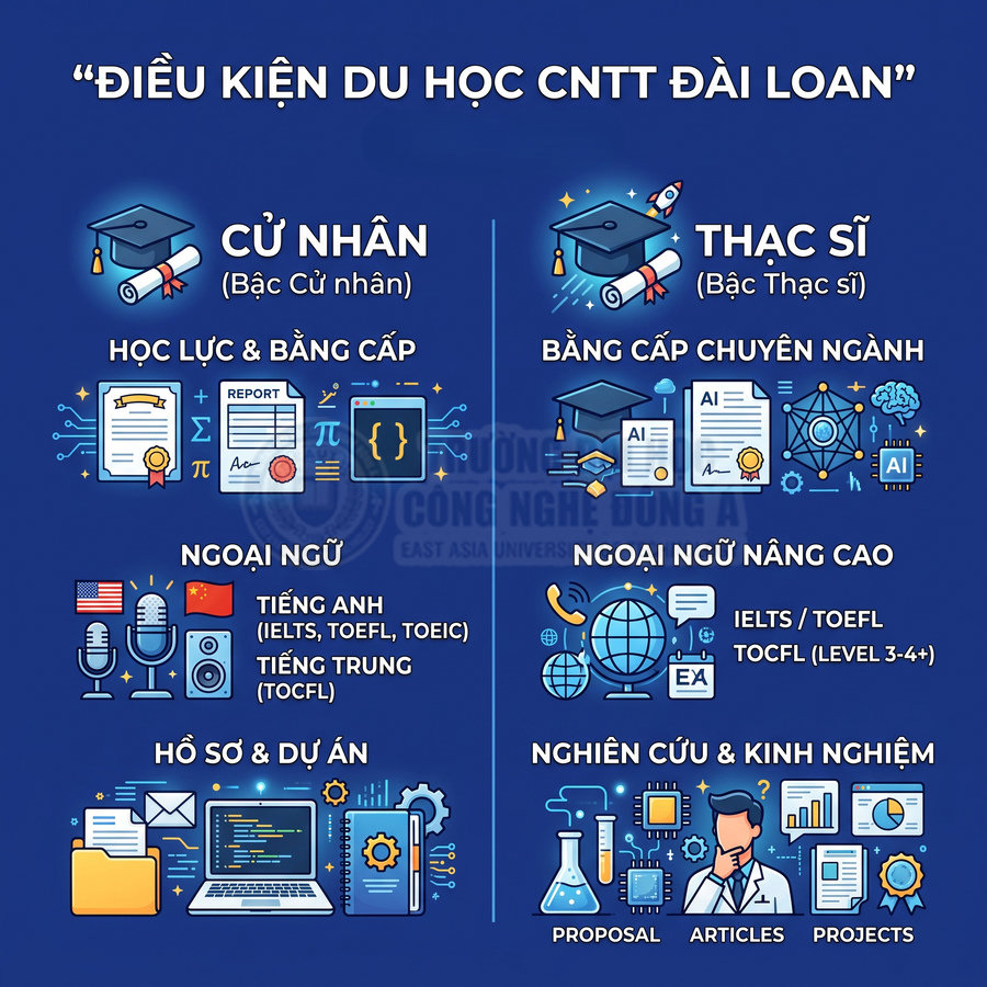 Điều kiện du học CNTT Đài Loan cho bậc cử nhân và thạc sĩ, yêu cầu học lực, ngoại ngữ, hồ sơ và nghiên cứu