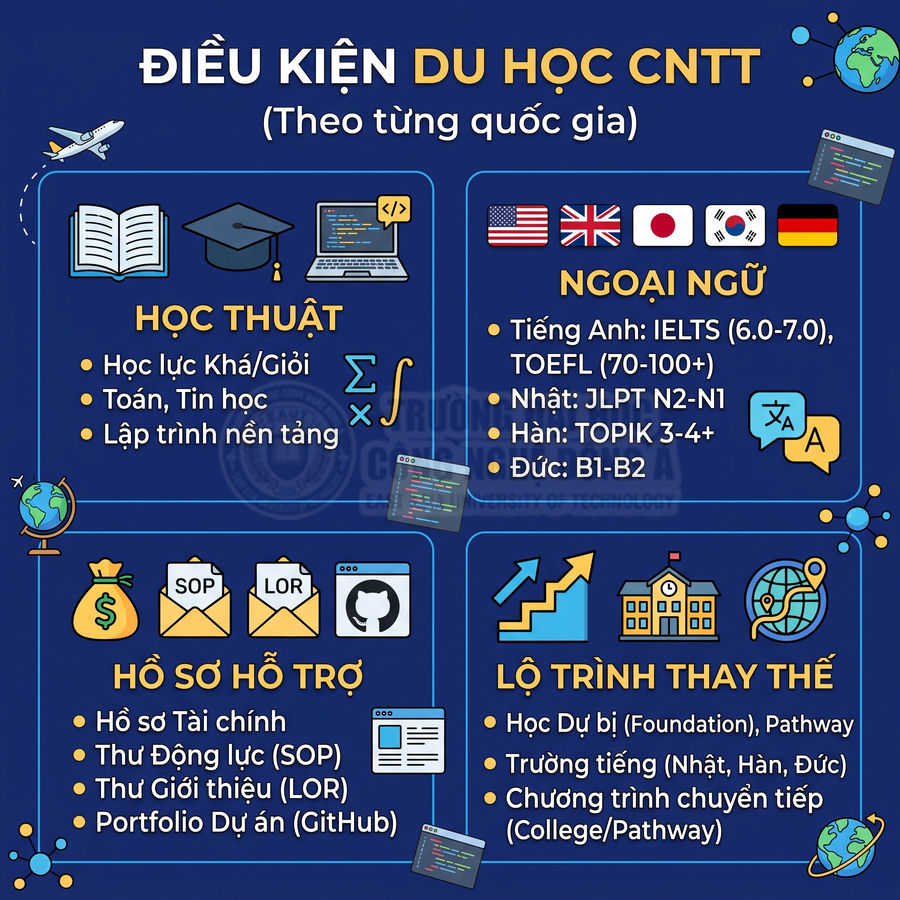 Infographic điều kiện du học ngành công nghệ thông tin về học thuật ngoại ngữ hồ sơ và lộ trình thay thế